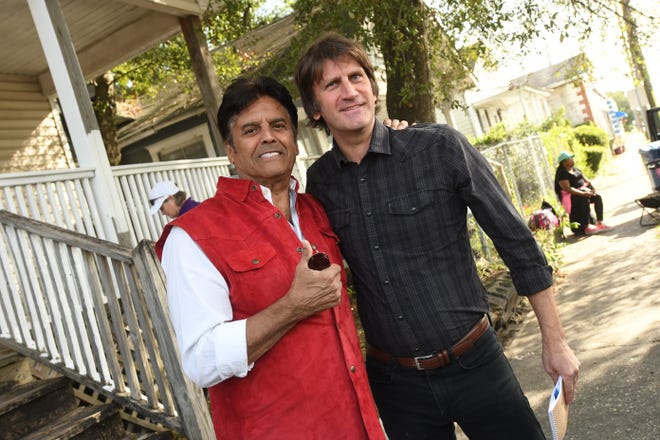 Erik Estrada talks with StarNews reporter John Staton on the set of Divine Improvements at 708 Dawson Street in Wilmington on Wednesday, Sept.  28, 2022. The actor was in Wilmington to film the show in several locations throughout the week.