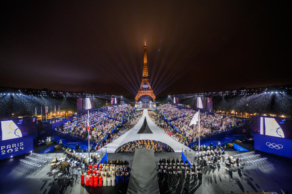 The Olympic flag is raised in the Place du Trocadero in front of the Eiffel Tower.  (François-Xavier Marit-Pool/Getty Images)